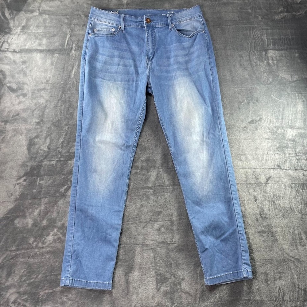 Mugsy Piers Slim Straight Jeans Mens 35x30 Fits 34x29 Light Wash Stretch Faded